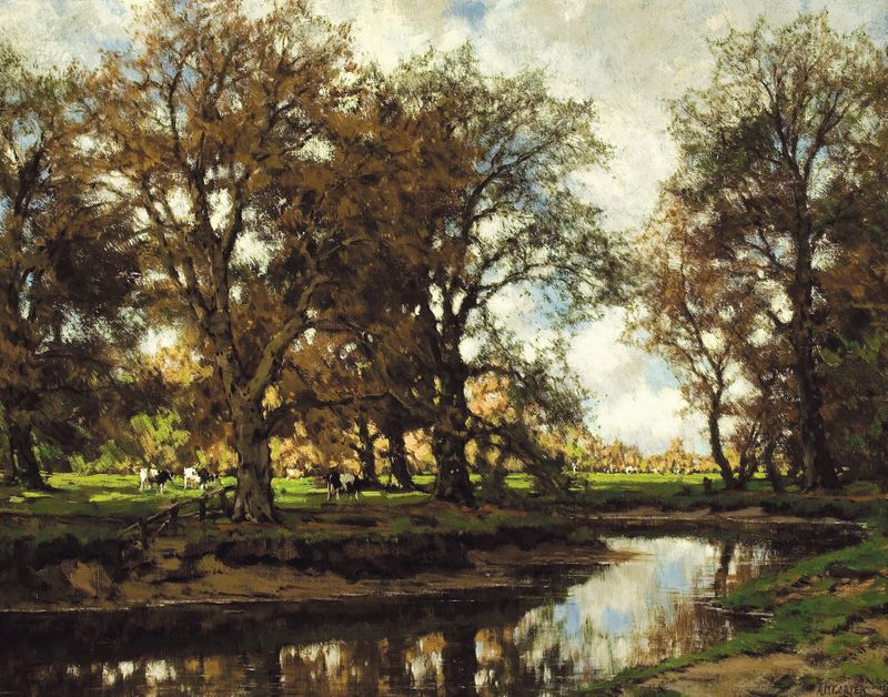 Grazing at the Vordense Beek by Arnold Marc Gorter, oil painting depicting a lush meadow with grazing figures.