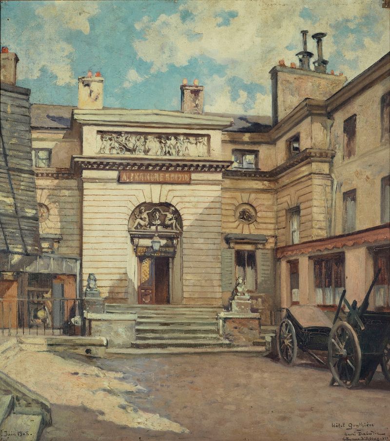 La cour de l’Hôtel Gouthière, óleo sobre tela de Henri Dabadie, apresentando um pátio tranquilo.