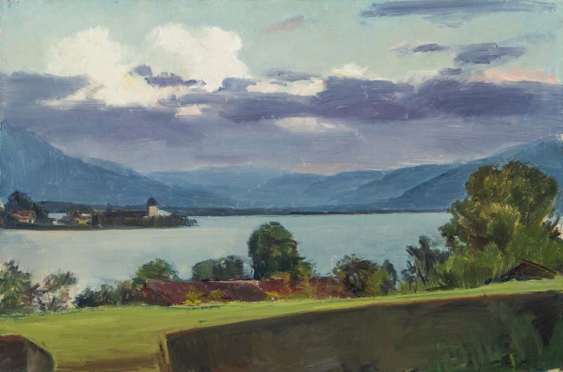 Landscape view from a balcony overlooking a lake by Hiasl Maier-Erding, medium unknown.