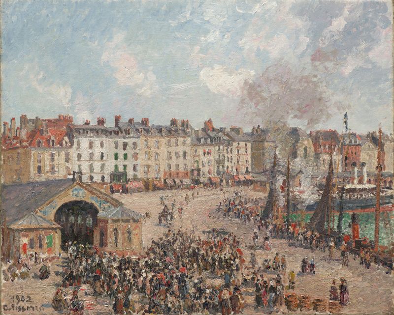 Fishmarket de Camille Pissarro, pintura al óleo que muestra un mercado animado con vendedores y pescado.