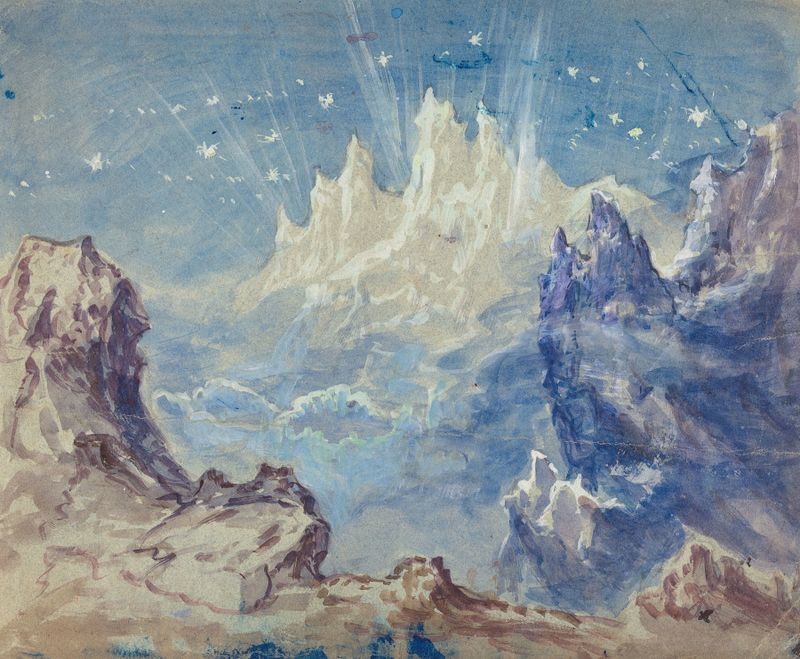 Oil painting by Robert Caney depicting a mountainous landscape under a starry sky.