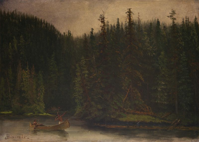 Pintura a óleo de Albert Bierstadt mostrando uma canoa em um lago cercado por árvores.