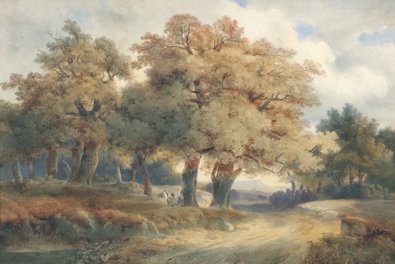 Landscape with trees and figures, oil on canvas by Alexandre Calame