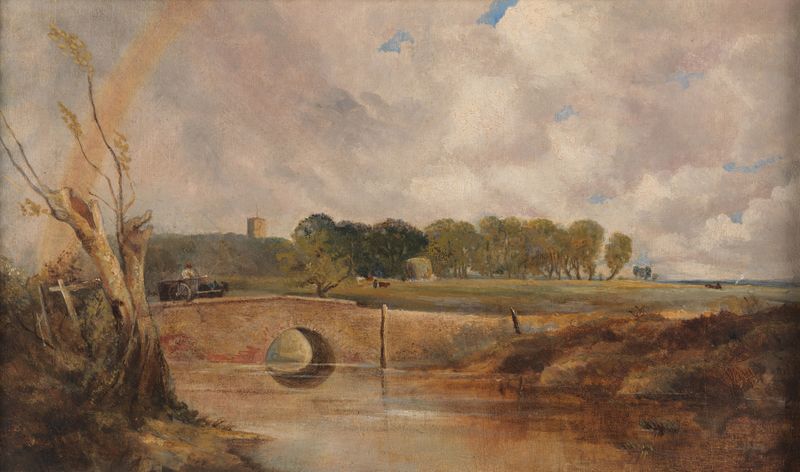A Rainbow, View of the Stour by Lionel Constable, oil on canvas depicting a vibrant rainbow over a river.