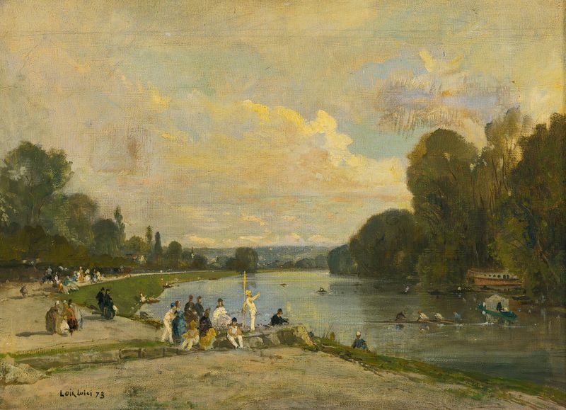 La Fête Nautique de Luigi Loir, impresionismo, que representa serenas reflexiones de agua y atardecer