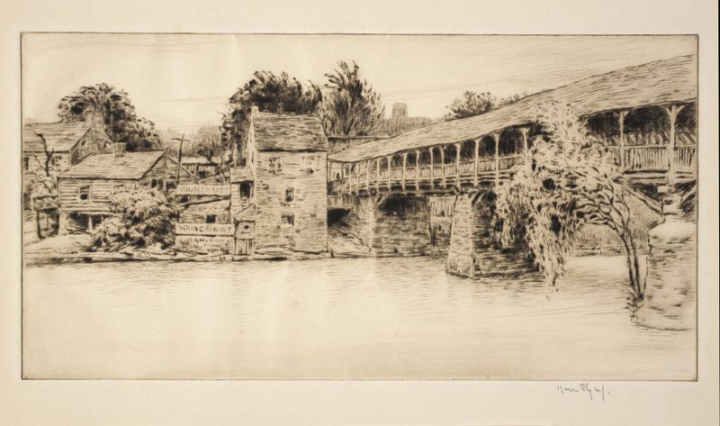 Covered Bridge de Kerr Eby, retratando uma ponte de madeira em uma paisagem florestal, pintura a óleo