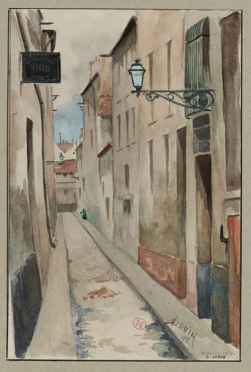 Escena de género que muestra una figura solitaria en adoquines, pintura al óleo de F. Séguin