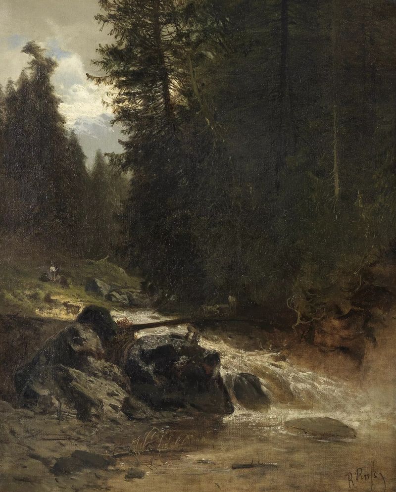 Wildbach by Robert Russ, oil on canvas depicting a tranquil stream in a forest.