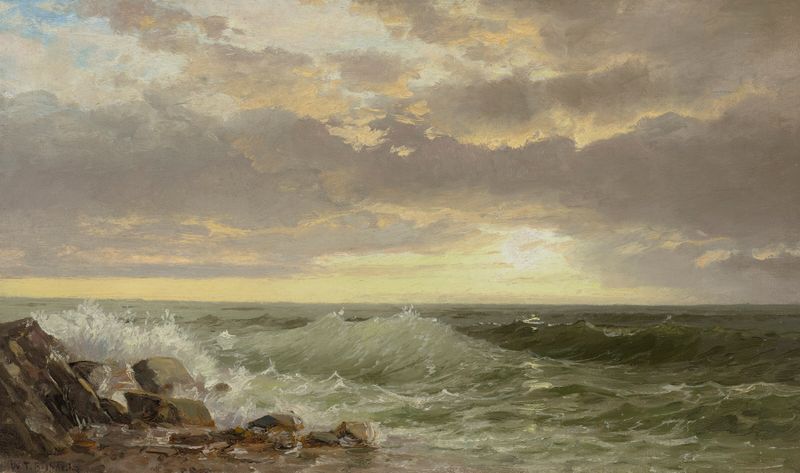 Rhode Island Coast óleo de William Trost Richards que muestra acantilados y olas del océano