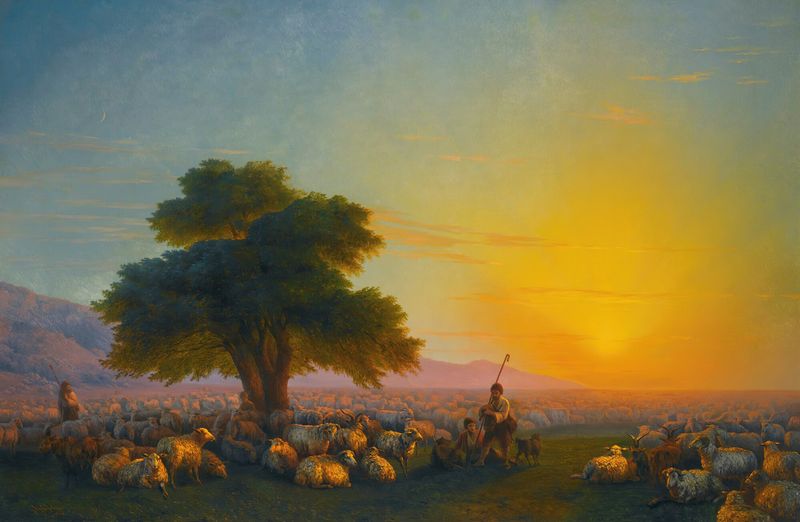 Pastores com seu rebanho ao pôr do sol, óleo de Ivan Konstantinovich Aivazovsky