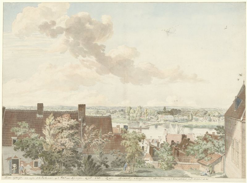 Pintura al óleo de paisaje de Hendrik Hoogers que muestra un río y horizonte con nubes