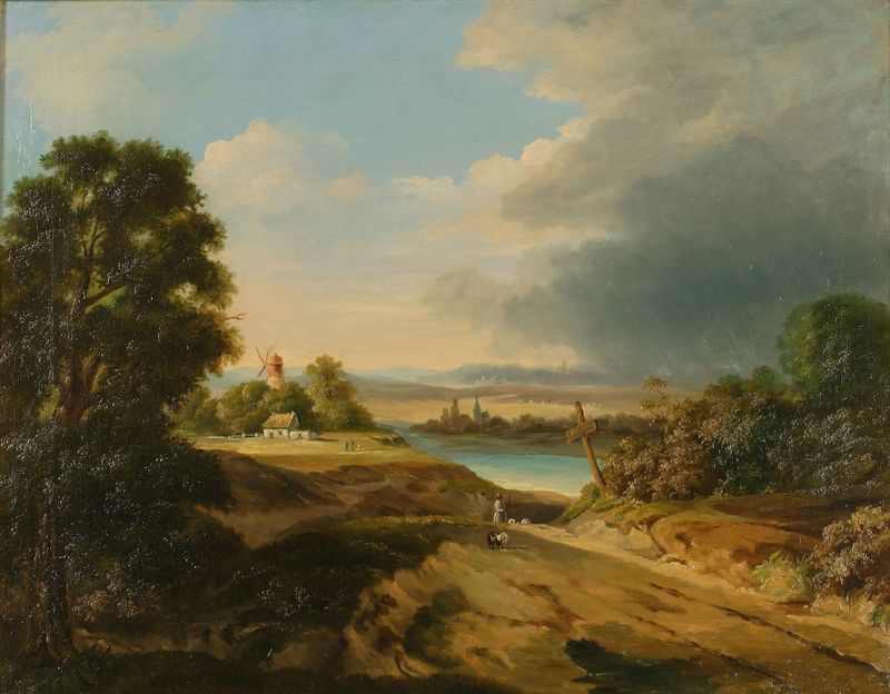 Paisaje con un molino, óleo sobre lienzo de Fryderyk Skarbek
