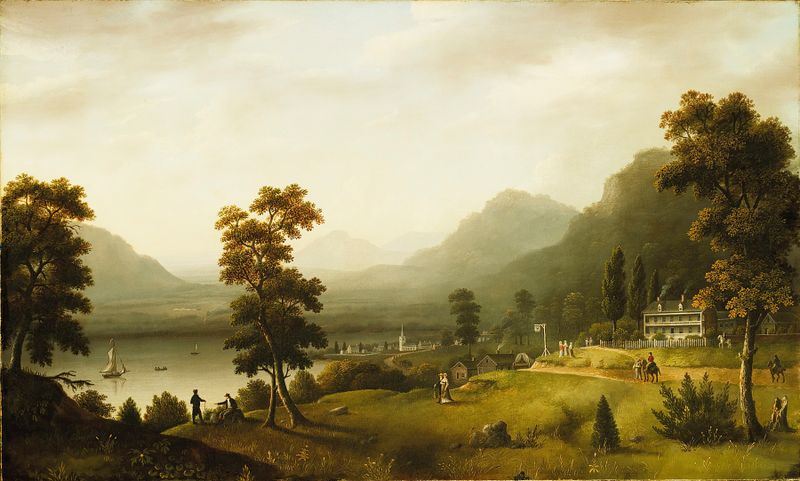 Carter’s Tavern at the Head of Lake George by Francis Guy, oil painting depicting a rustic tavern by a lake.