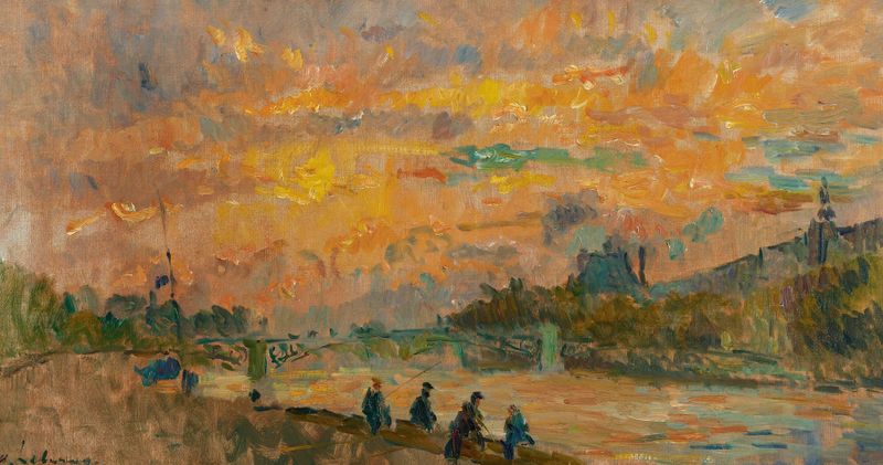 Paisagem ao pôr do sol com ponte e rio, óleo sobre tela de Albert Lebourg