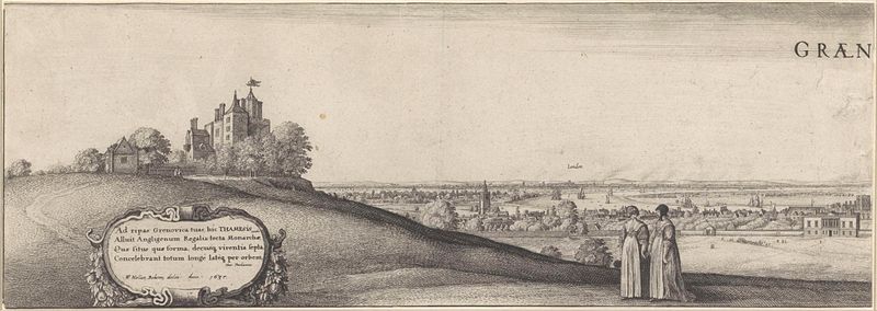 Gezicht op Greenwich de Wenceslaus Hollar, aguafuerte que representa el Támesis y la arquitectura de la ciudad