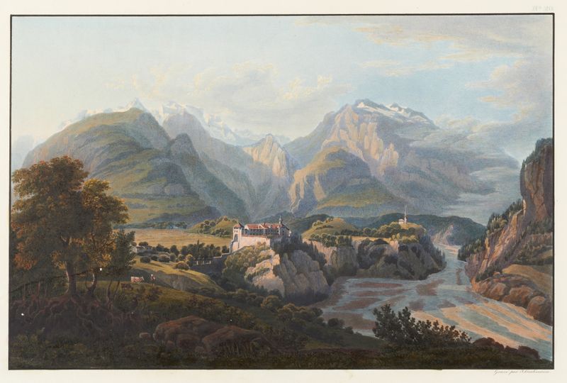 Vue du Château de Razuns, óleo sobre lienzo de Johann Ludwig Bleuler, con un château y colinas onduladas.