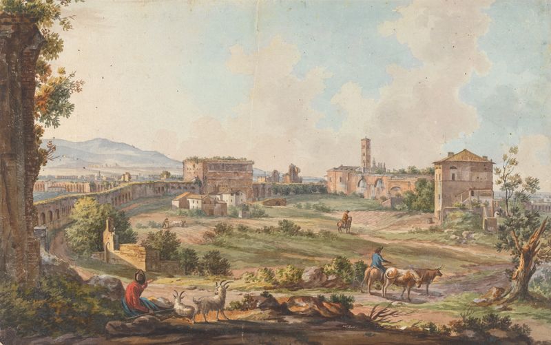 Ruins in Rome with goats, cows and herdsmen by Willey Reveley, oil painting