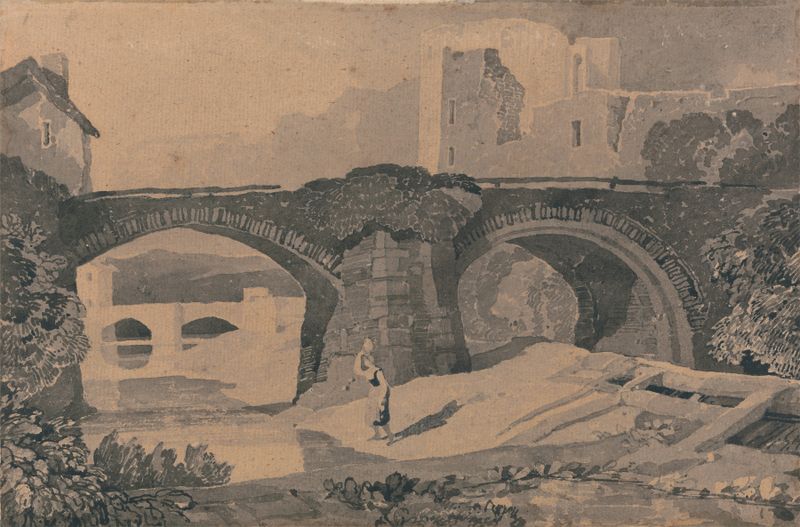Brecon Bridge aquarela de John Sell Cotman representando uma ponte sobre um rio com árvores
