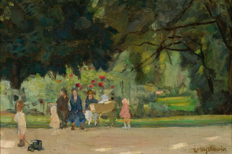 Planty Park in Kraków, oil on canvas by Witold Wojtkiewicz, featuring lush greenery and a winding path.