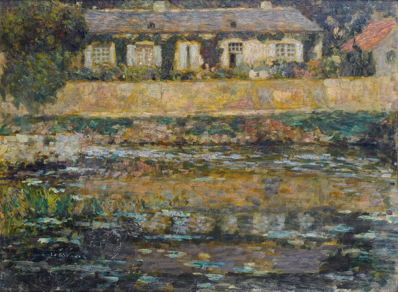 La maison au bord de l’eau, Montreuil-Bellay de Henri Le Sidaner, óleo sobre lienzo que representa una casa junto al agua.