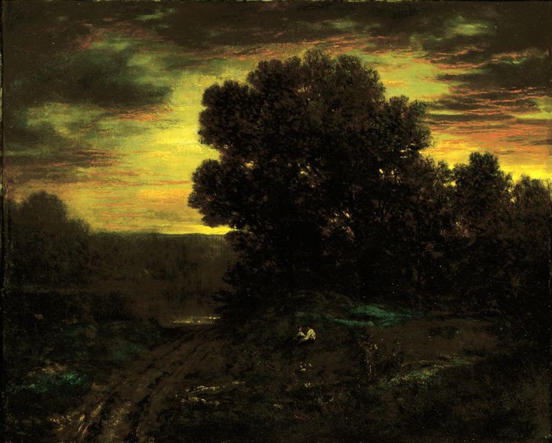 River Landscape at Sunset, oil on canvas by David Johnson, depicting a serene river at twilight.