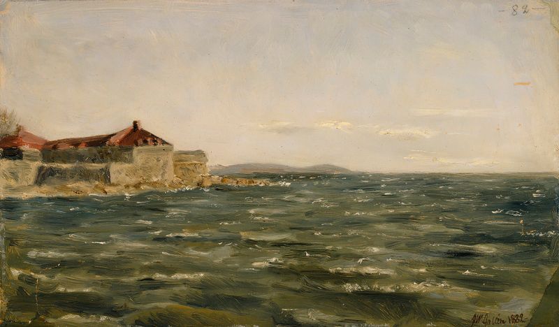 Sand Bank de Akseli Gallen-Kallela, óleo sobre lienzo que representa un paisaje sereno con luz filtrada.