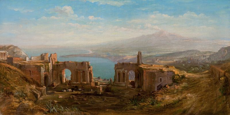 Mt. Etna desde Taormina, óleo sobre lienzo de William Everett, con un paisaje exuberante de montañas y nubes.