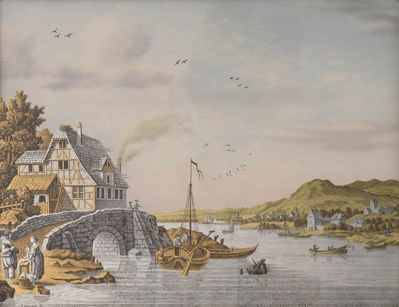 Houses along a river, oil painting by Jonas Zeuner