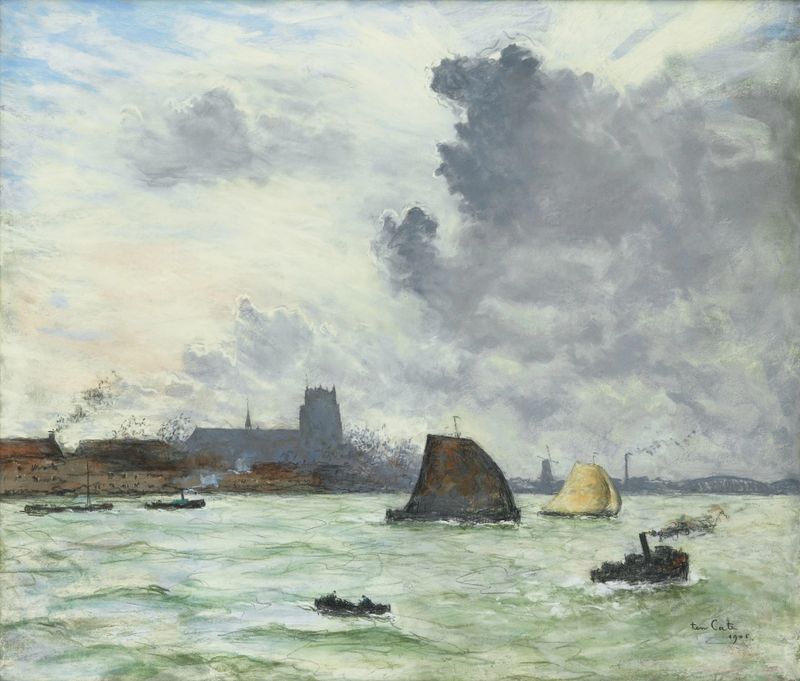 Vue du Port de Dordrecht by Siebe Johannes Ten Cate, depicting a tranquil waterway with boats, oil painting.