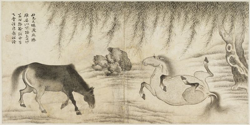 Two horses under a willow tree, ink on paper by Kim Ik-chu