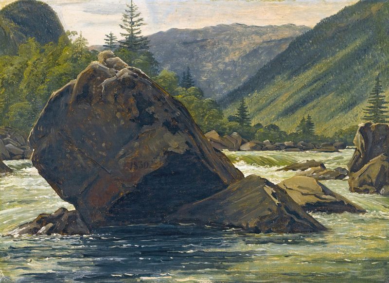 An Erratic Rock In The Rapids, óleo sobre lienzo de Martinus Rørbye, mostrando una roca irregular en aguas turbulentas.