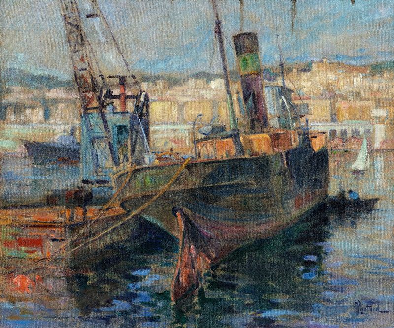 Escena marina con olas cerúleas y luz solar, pintura al óleo de Alexandre Rigotard