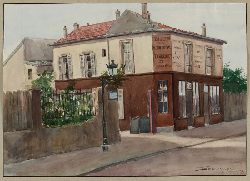 Urban landscape with light filtering through trees, oil painting by F. Séguin