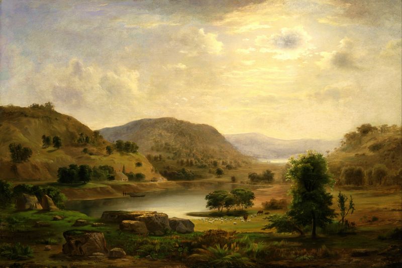 Valley Pasture de Robert S. Duncanson, pintura a óleo que retrata colinas suaves e vegetação exuberante.