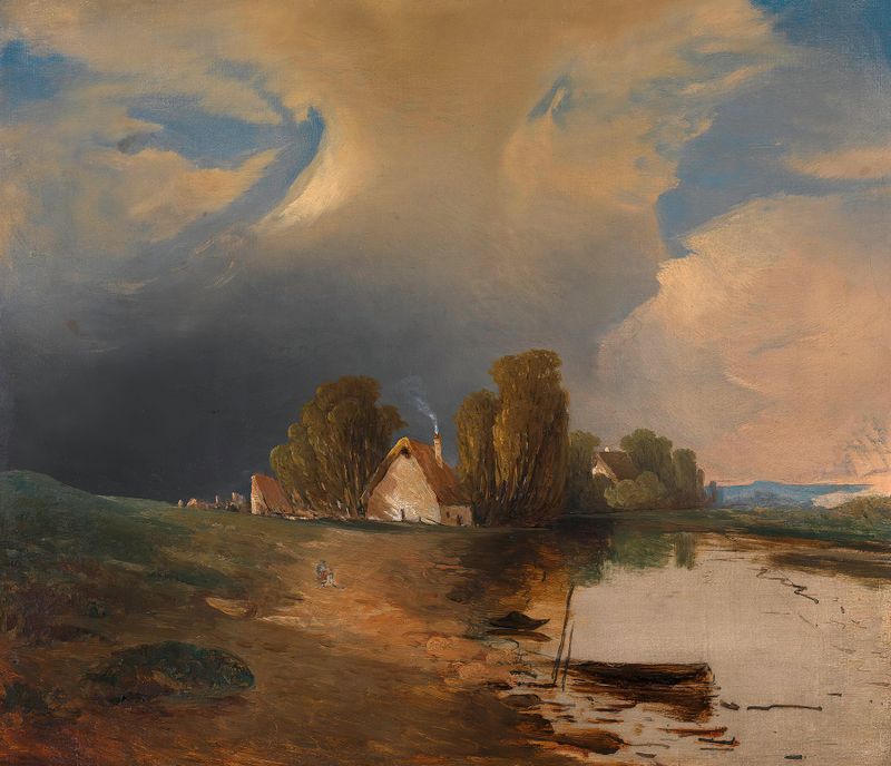 Landscape with storm clouds and river by Adalbert Stifter, oil painting