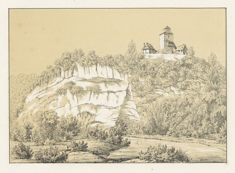 Paisaje óleo de Johann Friedrich Wagner con tonos azules y tierras
