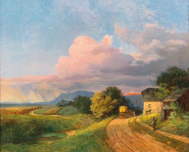 A post coach resting at dusk, oil painting by Ignaz Raffalt