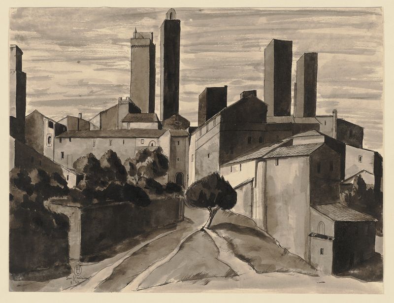 San Gimignano de Hermann Lismann, pintura al óleo que representa torres contra un cielo difuso.