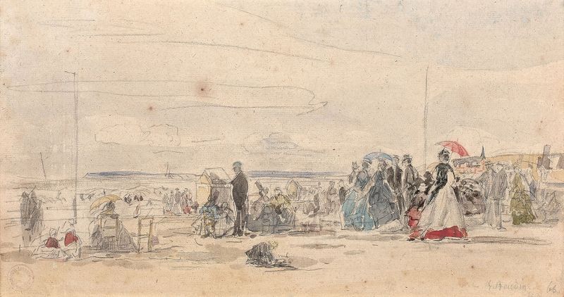 Escena marina con luz solar y parasoles, óleo sobre lienzo de Eugène Boudin