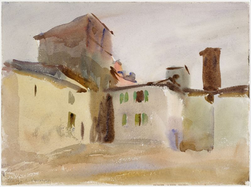 Borgo San Lorenzo by John Singer Sargent, oil on canvas depicting a village at sunset.