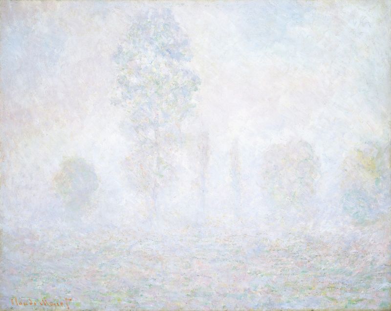 Morning Haze de Claude Monet, pintura al óleo que muestra un paisaje brumoso con tonos suaves.