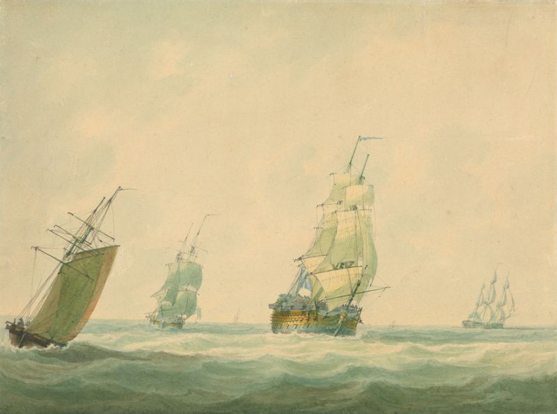 A two-decker ship at dawn, oil on canvas by Nicholas Pocock