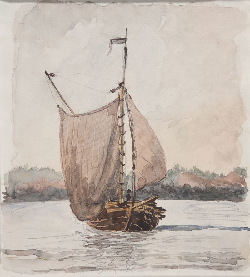 Vedlastad skuta på Vänern by Bror Jacob Adelborg, oil on canvas depicting a ship on calm waters