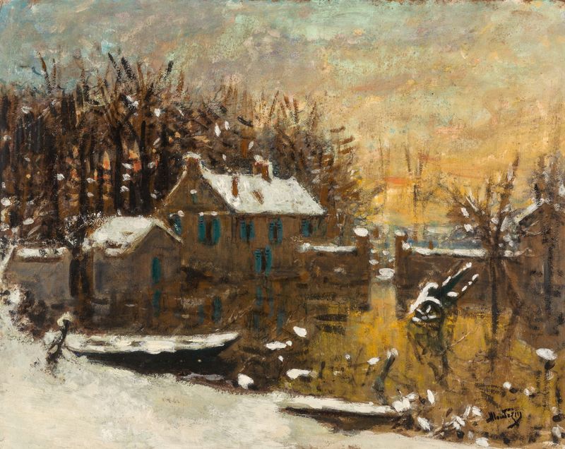 Paisagem de inverno com neve, pintura a óleo de Pierre-Eugène Montézin
