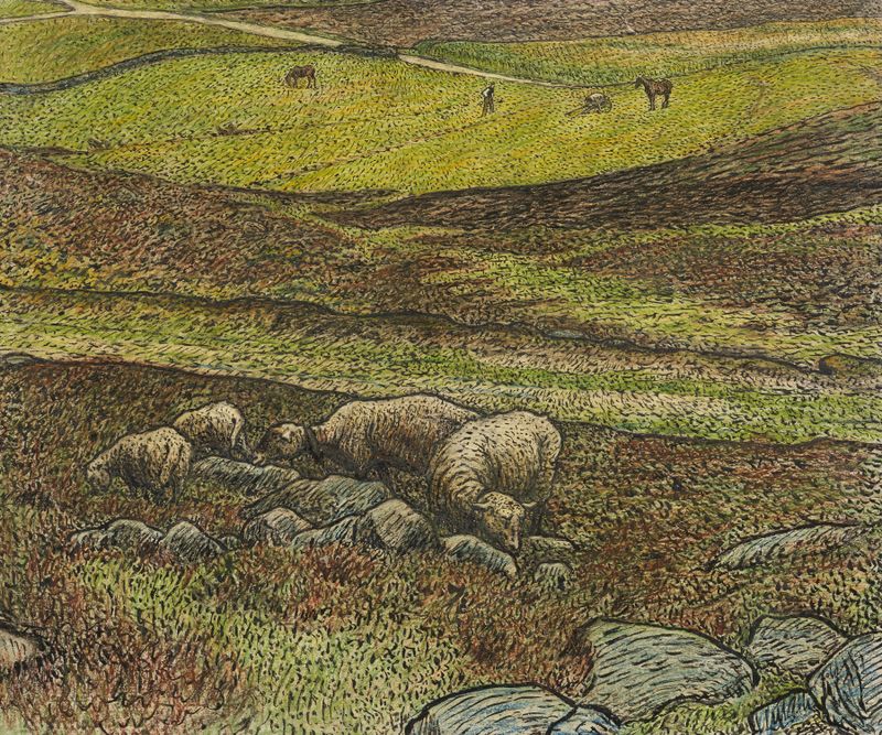 Ovejas en un valle bajo un roble, pintura al óleo de Nils Kreuger