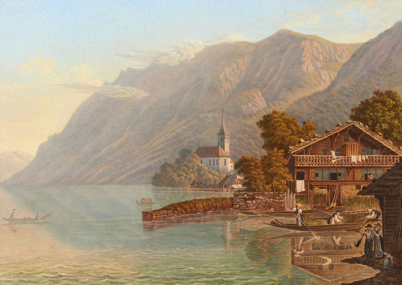 Vue du Lac et du village de Brienz, oil on canvas by Heinrich Meichelt, depicting a tranquil lake and village.