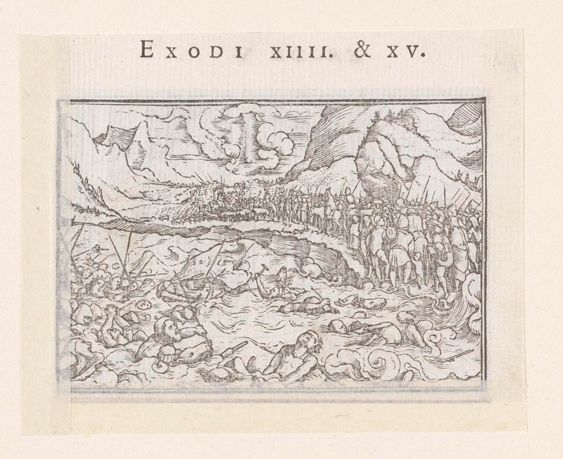 Vernietiging van legers van Farao in Rode Zee de Hans Holbein, meio papel, retratando ondas tumultuosas e uma batalha naval.