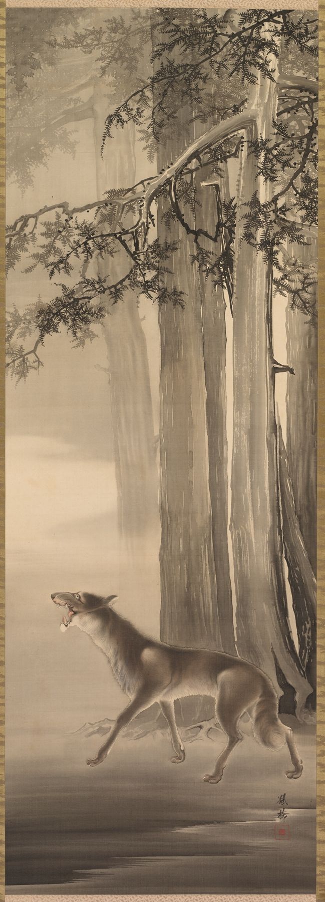 Lobo uivante em um precipício, tinta sobre seda de Yoshimura Hōryū