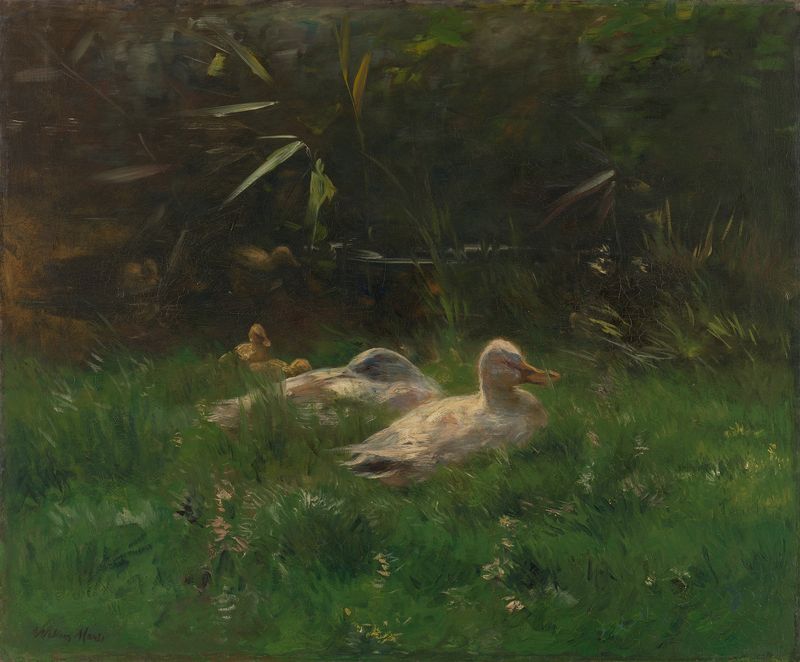 Ducks on a pond in an oil painting by Willem Maris