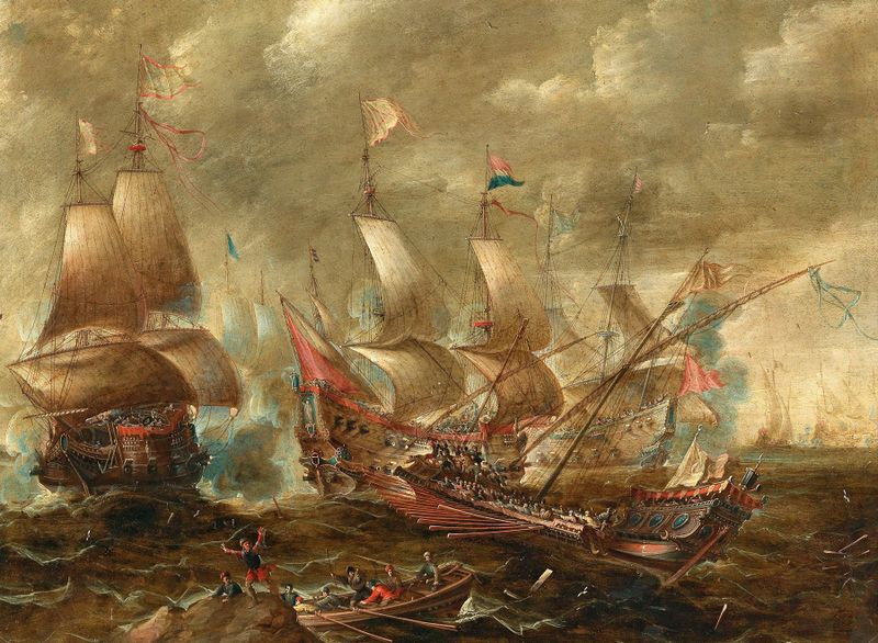 Escena de batalla naval con barcos y cañones, óleo de Gaspar van Eyck